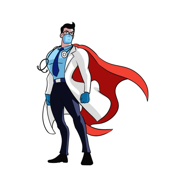 Doktor bir kahraman konseptidir, vektör çizimi. Virüs salgını sırasında. Doktor dünya çapında yayılan Coronavirus salgınıyla savaşıyor. Doktor adam beyaz arka planda bir kahraman. 