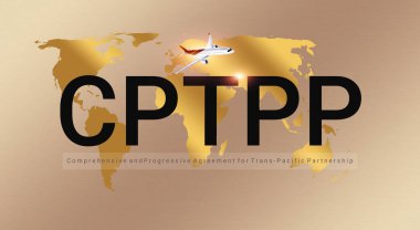 Trans-Pasifik Ortaklığı için İlerleme Anlaşması CPTPP ve TPP 11 için 3d illüstrasyon, logo metni CPTPP ve dünya haritası pankart tasarımı, 