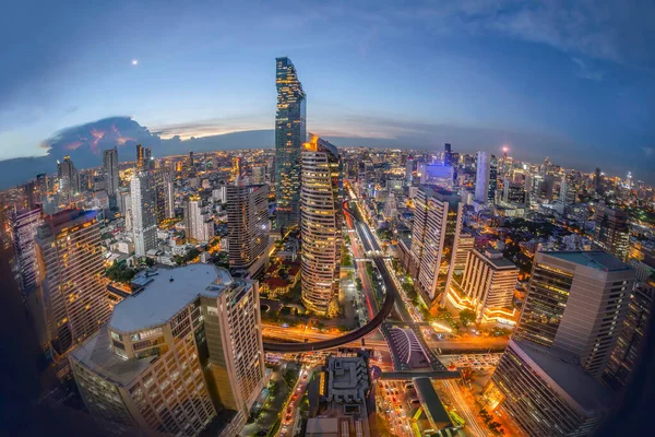 sunrise rooftop view Three spear road to city, office buildings, living, condominium in Bangkok city skyline top view Downtown and business office bank financial in capital city of Thailand Asian