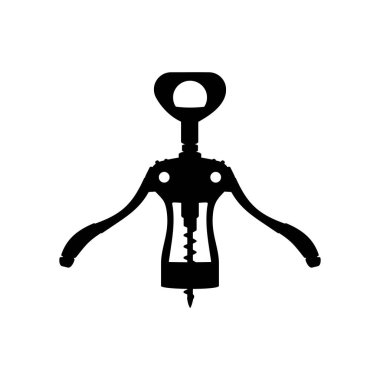 Tirbuşon silueti - beyaz arkaplanda izole edilmiş düz bir illüstrasyon. Siyah tirbuşon. Mutfak aleti şişeyi aç. Şarap tatma.