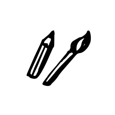 Kalem ve fırça - siyah çizim. Beyaz arkaplana karalama çizimi. okul malzemeleri