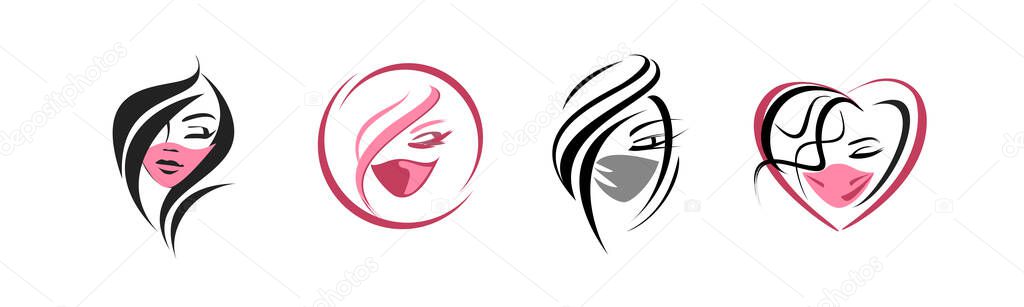 faces of beautiful girls in a protective mask - a set of icons. medical face mask - flat illustration. beauty industry - quarantine. coronavirus - protection and prevention from the virus