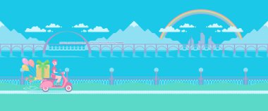 Motosikletli bir kız tatile gider. Sonsuz yatay desen.