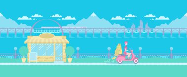 Dükkandan aldıklarıyla mobiletle gezen bir kız. Sonsuz yatay desen.