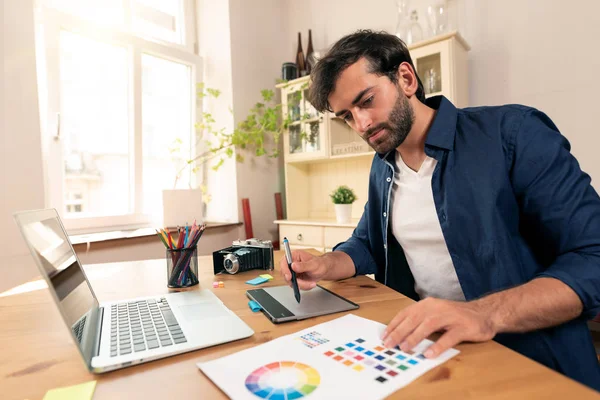 Graphic Designer Working Digital Tablet Freelancer Working Home — Stock Photo, Image