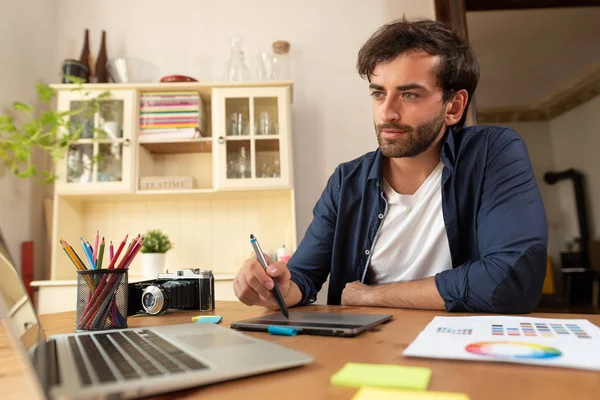 Graphic Designer Working Digital Tablet Freelancer Working Home — Stock Photo, Image