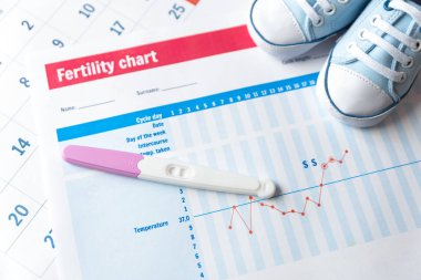Hamilelik testi ve doğurganlık grafik üzerinde bebek ayakkabı. Bir bebek kavram bekliyoruz.