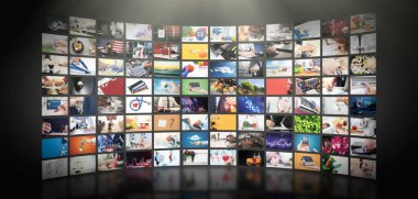 Televizyon akışlı video kavramı. Medya Tv video talep teknolojisi. Çoklu ortam akışını internet ile video hizmeti gösterir serisi. Dijital Kolaj duvar ekran soyut kompozisyon