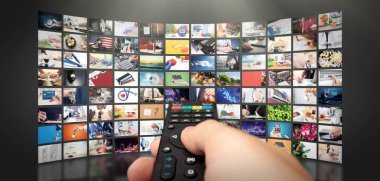 Televizyon akışlı video kavramı. Medya Tv video talep teknolojisi. Çoklu ortam akışını internet ile video hizmeti gösterir serisi. Dijital Kolaj duvar ekran soyut kompozisyon
