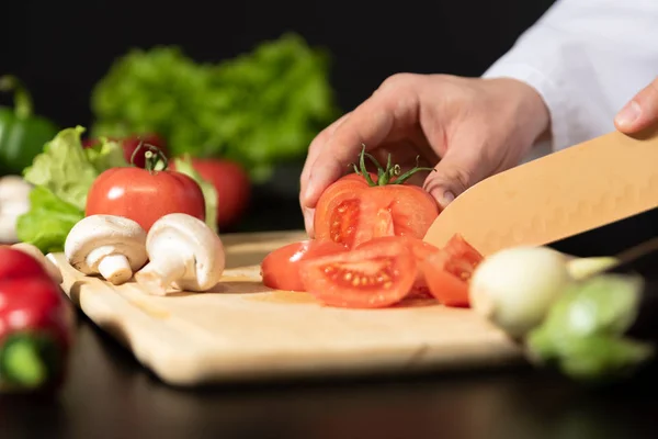 Σεφ Ετοιμάζει Φρέσκα Λαχανικά Μαγείρεμα Υγιεινή Διατροφή Έννοια — Φωτογραφία Αρχείου