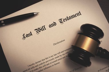 Last Will and Testament concept. Pen, gavel on desk clipart