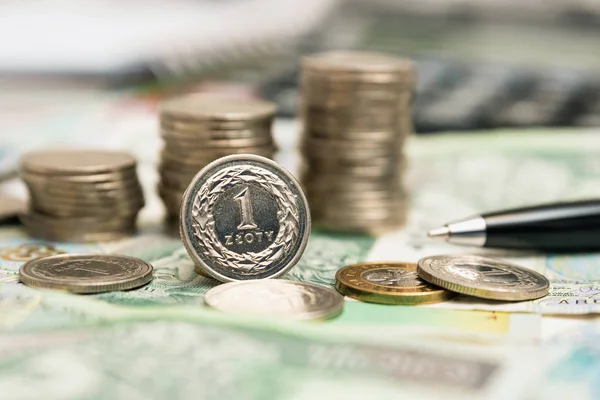 Polnische Währung Stapel Polnischer Münzen Vordergrund Steht Die Zloty Münze — Stockfoto