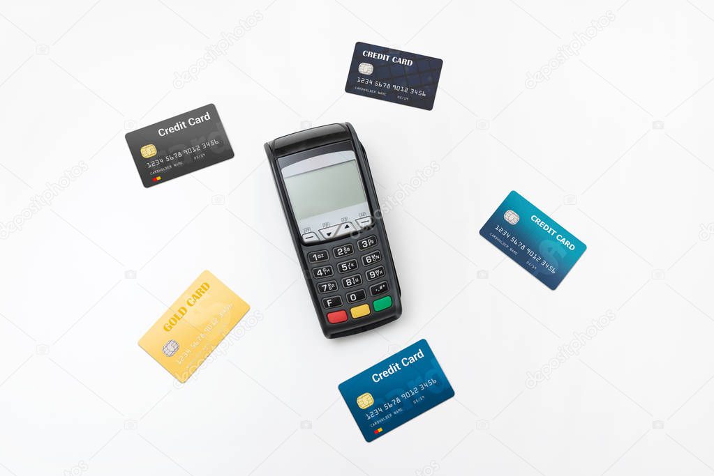 Payment terminal with credit cards top view