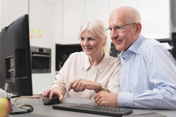 Happy elder couple enjoy together at computer