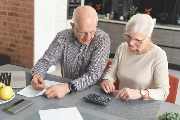 Senior paar betalen van rekeningen samen op laptop — Stockfoto