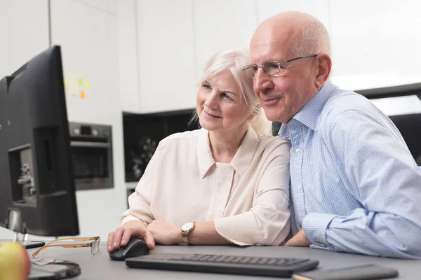 Gelukkige oudere echtpaar genieten samen op computer — Stockfoto