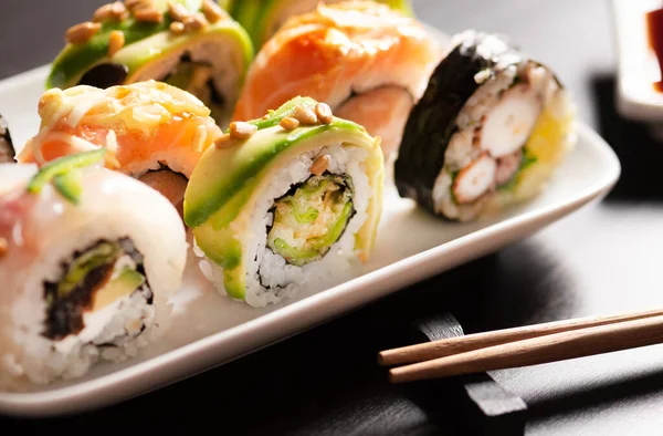 Sushi Roll Set Plate Japanese Asian Traditional Food Front View — Stock Photo, Image