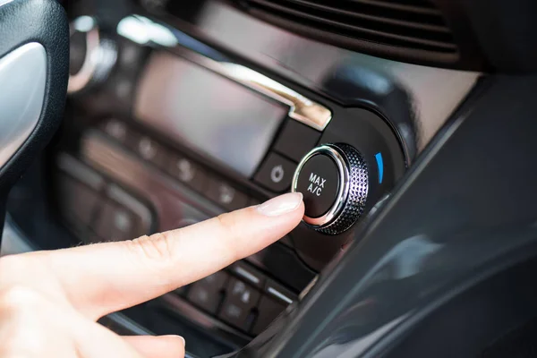 Air Conditioner Control Panel Car Cooling System Finger Presses Knob — Stock Photo, Image