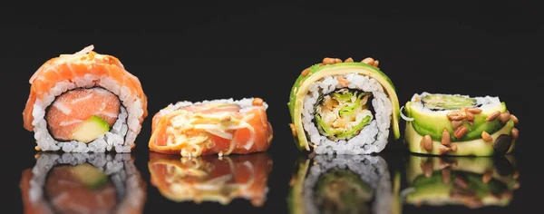 Sushi Roll Set Black Glass Background Japanese Asian Traditional Food — Stock Photo, Image