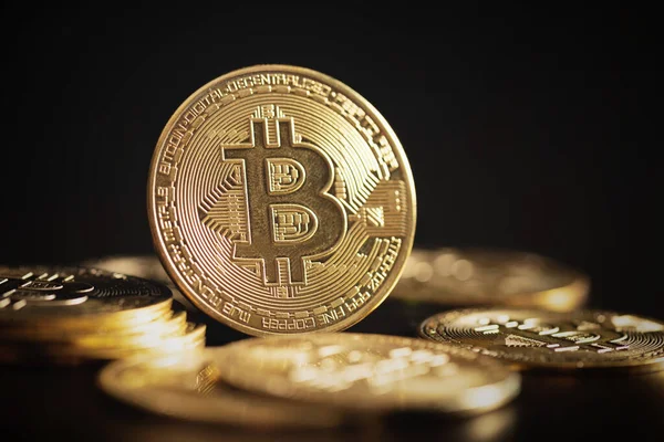 Bitcoin Pila Monedas Criptomoneda Concepto Transferencia Blockchain — Foto de Stock