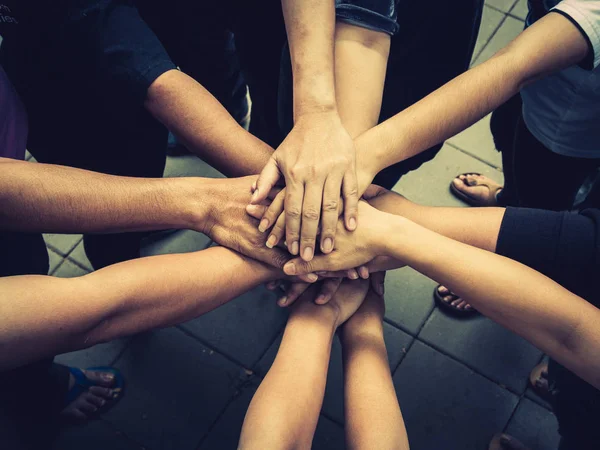 Teamwork Concept Many People Standing Hands Together Field Starting Competition — Stock Photo, Image