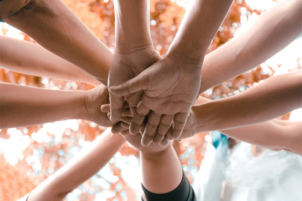 Teamwork Concept Many People Standing Hands Together Field Starting Competition — Stock Photo, Image