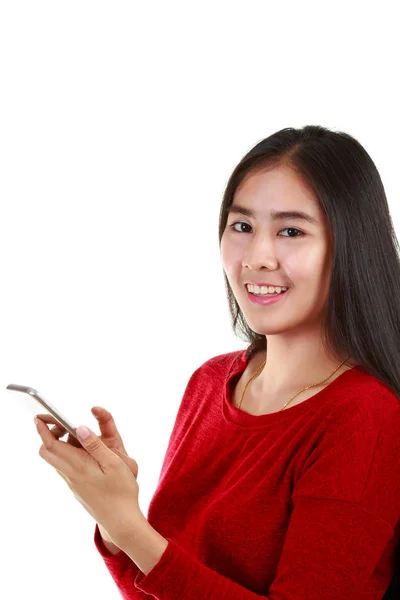Mladá Asijská Žena Držící Mobilní Telefon Berou Vědomí Úsměvem Kamery — Stock fotografie