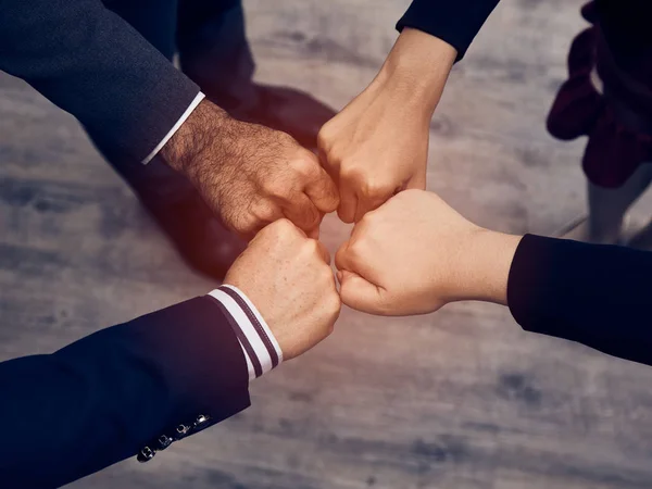 Teamwork Concept Businessman Woman Standing Touch Hands Together Meeting Room — Stock Photo, Image