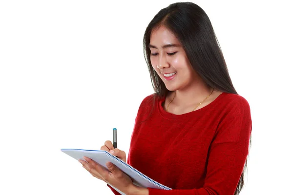 Jovem Mulher Asiática Segurando Livro Tomando Nota Com Sorrindo Fundo — Fotografia de Stock