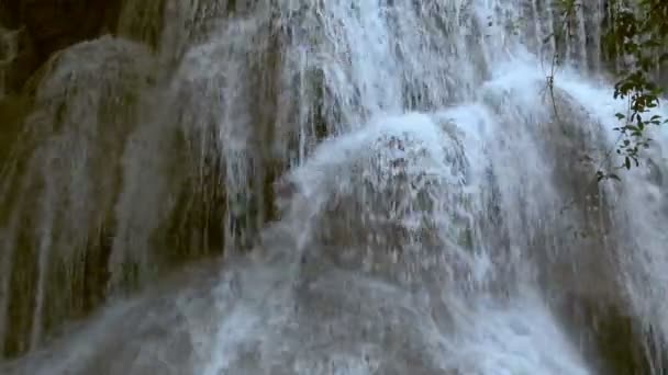 Close Beautiful Deep Forest Waterfall Pour Downward Rapidly Each Step — Stock Video