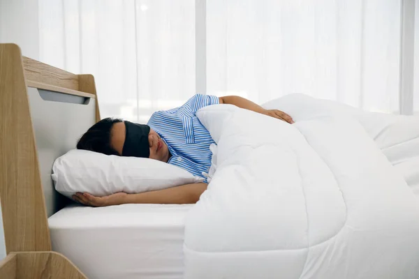 Asian Woman Sleeping White Bed Bedroom Eye Patch Sweet Dreams — Stock Photo, Image