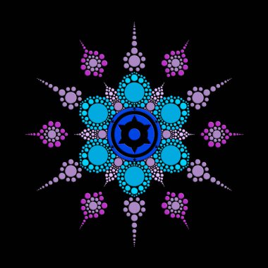 Mandala daire derinliği siyah arkaplanda mavi mor ton nilüfer şeklinde.