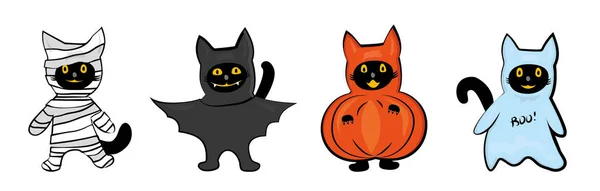 Katzen Halloween Kostümen Niedlichen Cartoon Vektor Illustration Handgezeichnet — Stockvektor