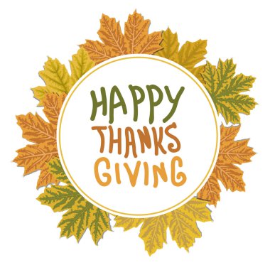 Sonbahar yaprakları ile Şükran günü logosu. Sonbahar yaprakları daire çerçeve.