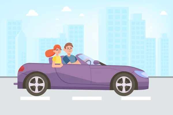 Pareja joven montando un coche por la ciudad. Ilustración de vectores planos — Archivo Imágenes Vectoriales