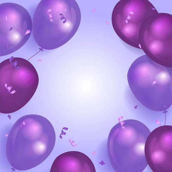 Party-Hintergrund mit violetten Luftballons und Konfetti. — Stockvektor