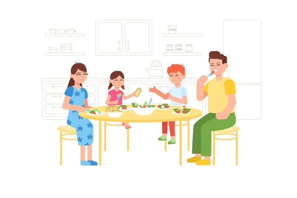 Mutfak oval masasında salata yiyen mutlu bir aile.