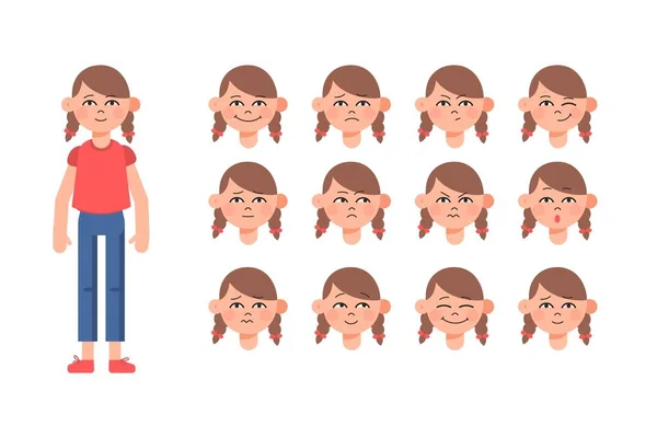 Nettes kleines Mädchen Gesichtsbewegungen. Verschiedene Gesichtsausdrücke für Kinder — Stockvektor