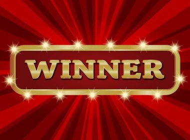 Kırmızı arka planda ışık çerçeveli, kazananın retro tabelası. Kazanan pankart şablonu.