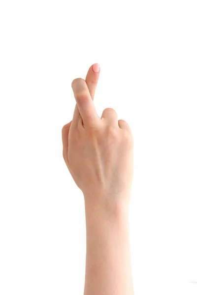 Mano con dedos cruzados sobre fondo blanco — Foto de Stock
