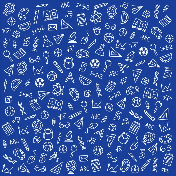 Icone di schizzo vettoriale su un tema scolastico su sfondo blu — Vettoriale Stock