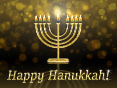 tebrik kartı mumlar yanan ile yazıt - Mutlu Hanuka, altın hanukkah menorah (hanukiah) ile