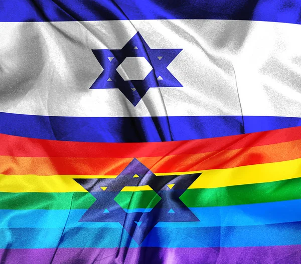 Davidstern Auf Blau Weißer Israelischer Fahne Und Regenbogenfarbener Lgbt Fahne — Stockfoto