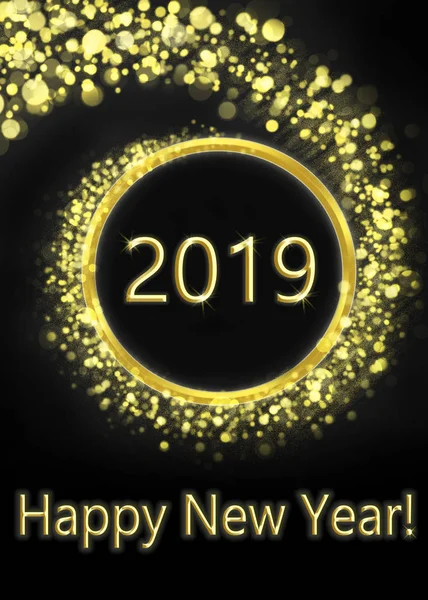 greeting card with happy new year, gold and black with inscription happy new year 2019