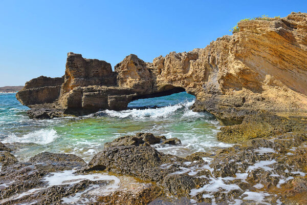 picturesque geological formations on the Nahsholim beach, the Haifa area, north of Israel