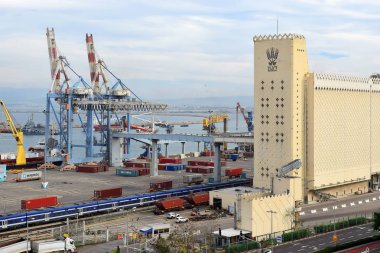 Haifa, İsrail - 02 Aralık 2018: Haifa bağlantı noktası ve Dagon Hububat (tahıl Asansör), ön üstten görünüm