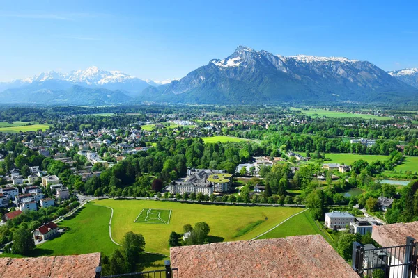 Vista Panorâmica Bairro Salzburgo Partir Altura Fortaleza Hohensalzburg Salzburgo Áustria — Fotografia de Stock