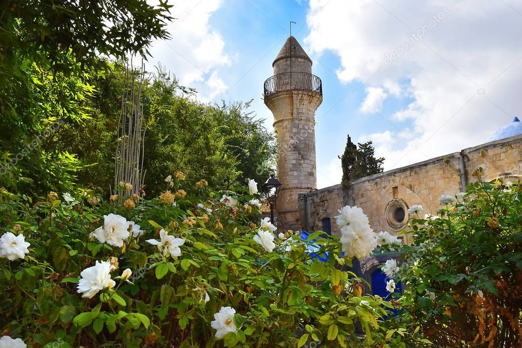 minoret of old turkish mosque, walk through the Old Town of Safed, center of Kabbalah and jewish mysticism in Upper Galilee, Israel