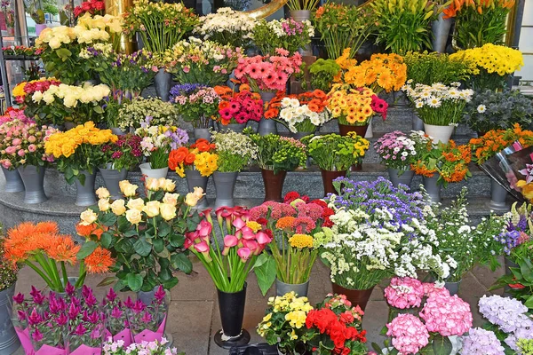 Verkauf Von Bunten Dekorativen Blumen Einem Blumenstand Auf Der Strasse — Stockfoto