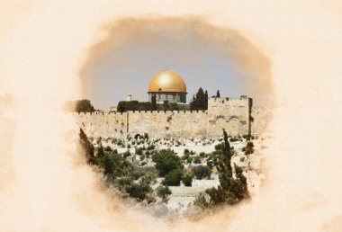 El Aksa Camii Kayası altın Kubbe görüntü eski bir fotoğraf olarak bir grafik editörü işlenmiş, fotoğrafın başında zaman, Kudüs, İsrail